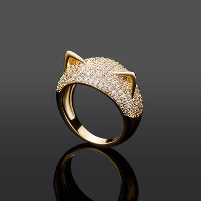 New Top Iced Out Luxury Gold Color Lovely Cubic Zirconia Ring Cat's Ear Ring Hip Hop Fashion Jewelry Wedding eternity Women Gift