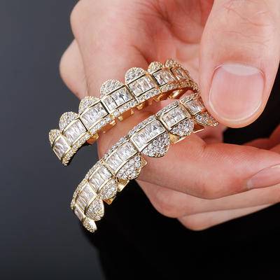 Wholesale 14K White Gold Plated Mouth Grillz Hip Hop Iced Cubic Zirconia Teeth Grillz Baguette Top Bottom Grillz Set Men Jewelry
