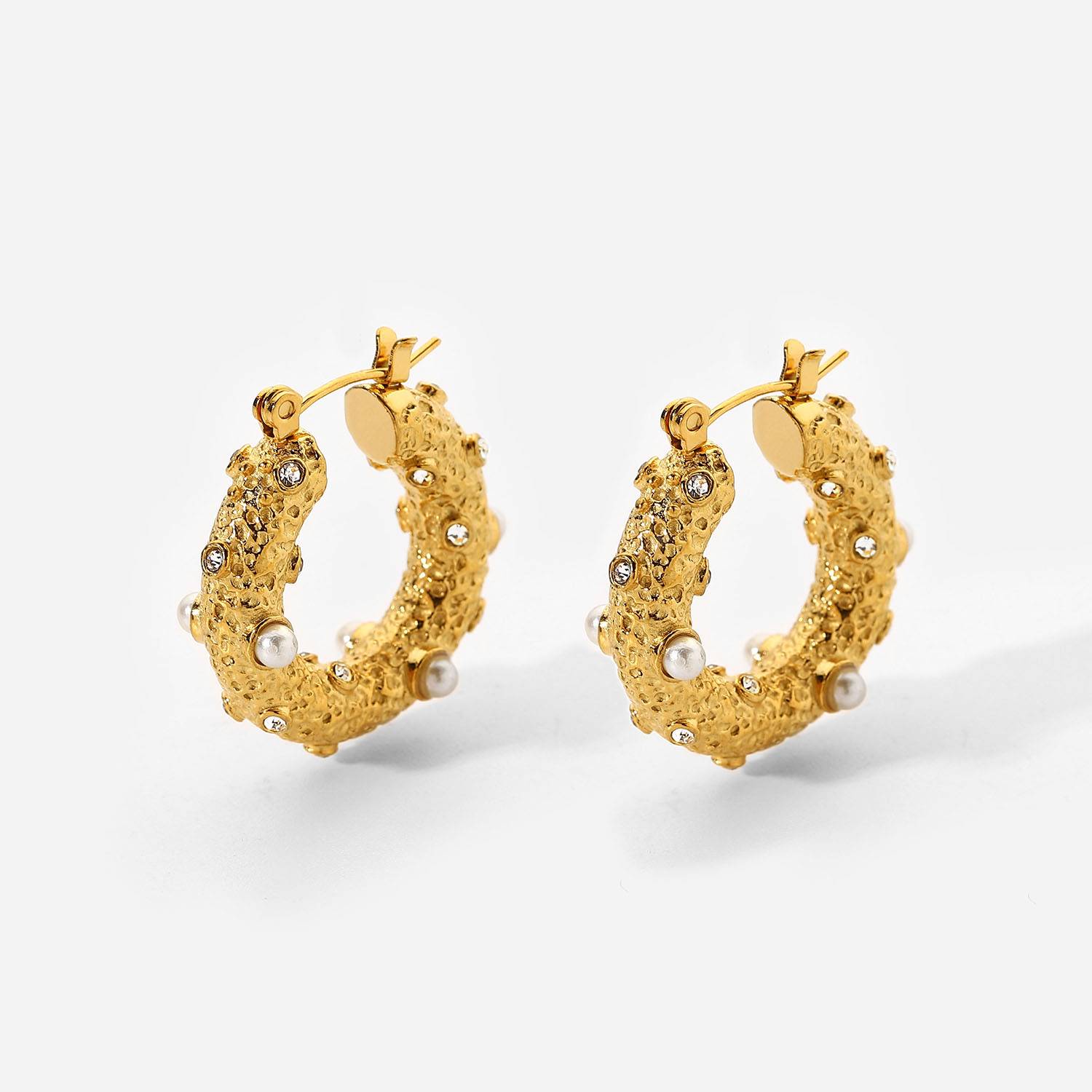 Trendy Fashion Statement Pearl Hoop Earrings 18k Gold Stainless Steel Jewelry For Women Hammer Cubic Zirconia Huggie Earrings