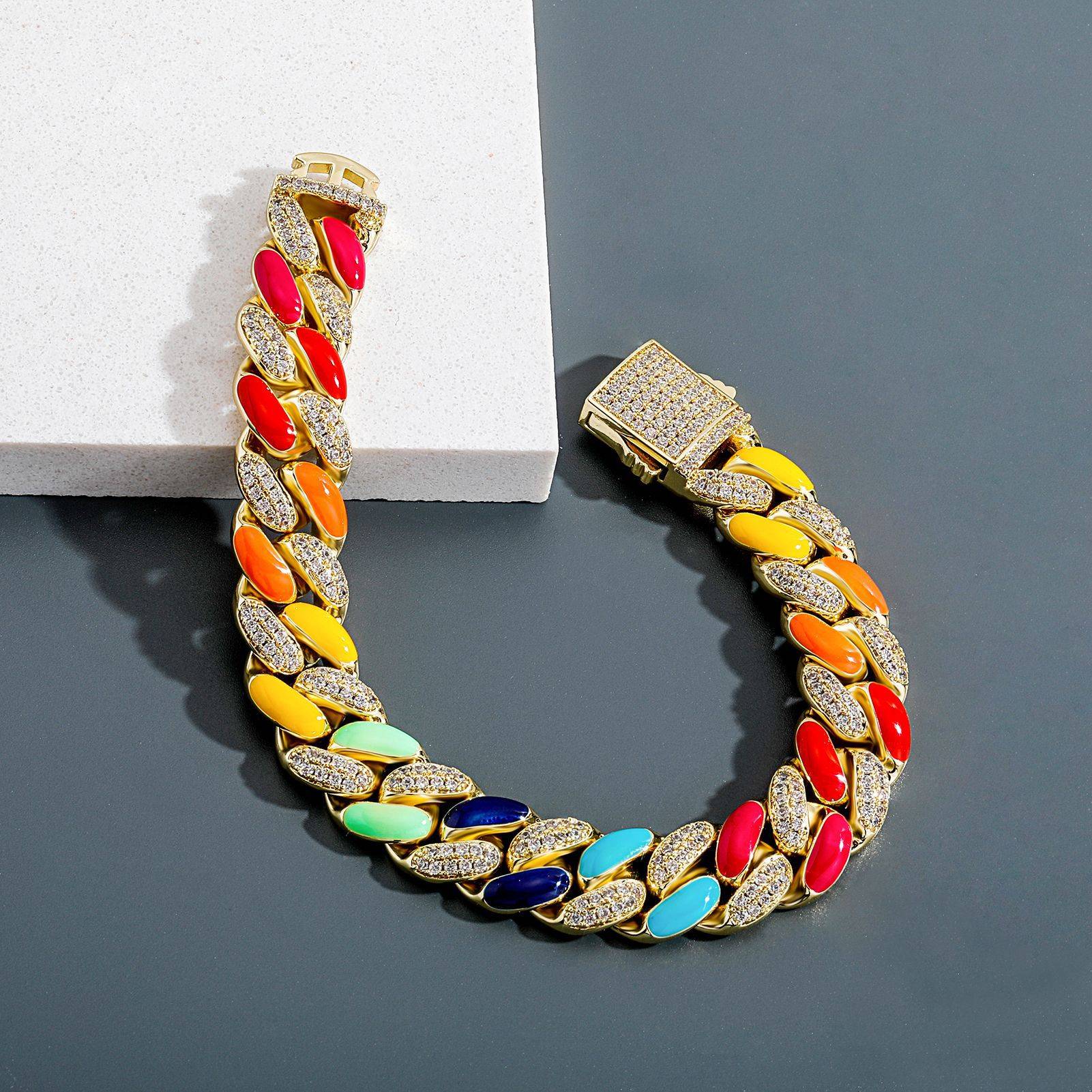 Fashion Trend Colorful Drip Full Of Zircon Spring Cuban Bracelet And Necklace Men's Jewelry Gift