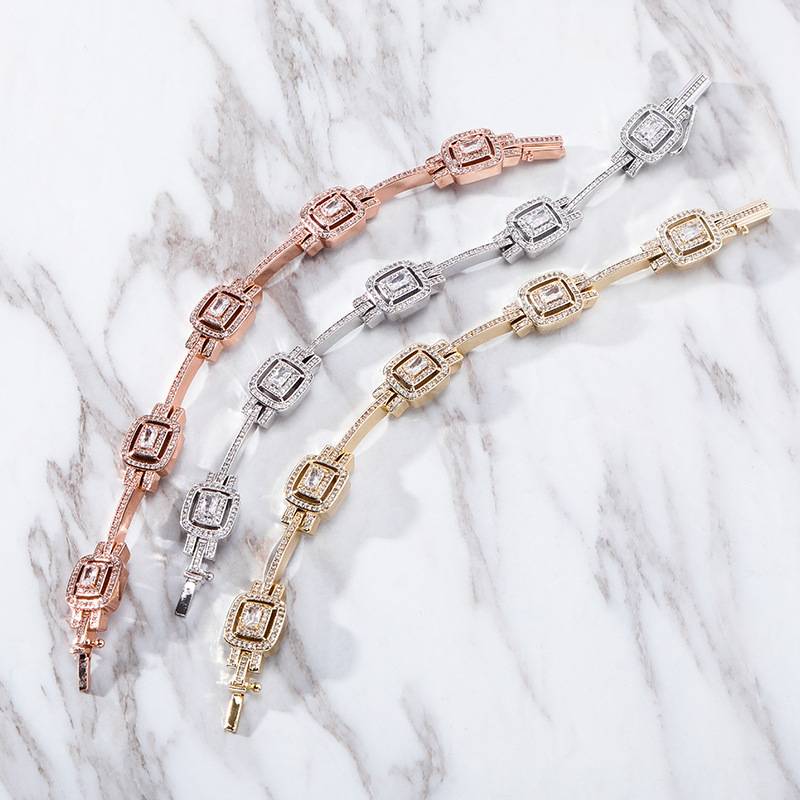 Iced Out  Baguette Bracelet For Women Men In Gold Silver Zircon Prong Setting Brass Bracelet Bangles Daily Hip-hop Jewelry