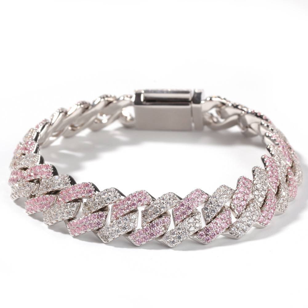 Popular Hip Hop Bracelet High Quality Zircon Silver Pink Color Strip Cuba Chain Bracelet For Men And Women