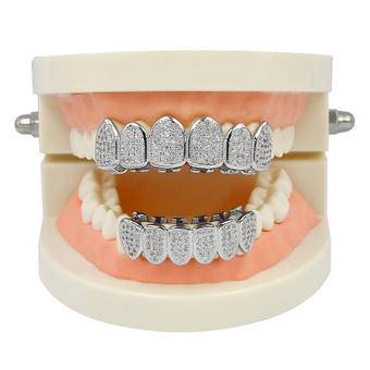 Hip Hop Halloween Grillz Iced Out Brass Tooth Grillz Micro Pave Zircon Top Bottom Dental Mouth Grills Teeth Grillz Sets Jewelry
