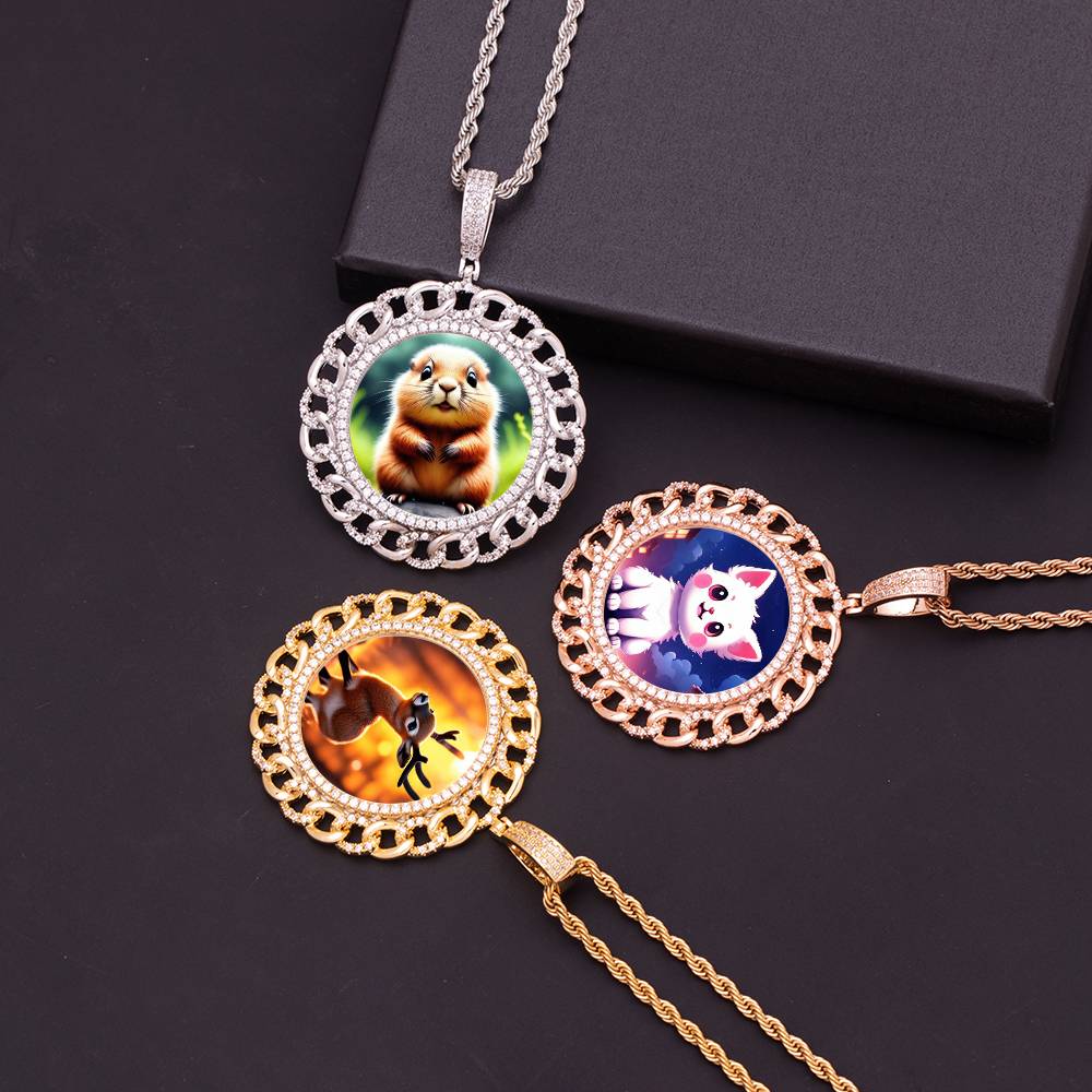 Hip Hop Cuban Chain Design Round Memory Photo Frame Pendant Iced Out Cubic Zircon DIY Circle Picture Medallion Necklaces Jewelry