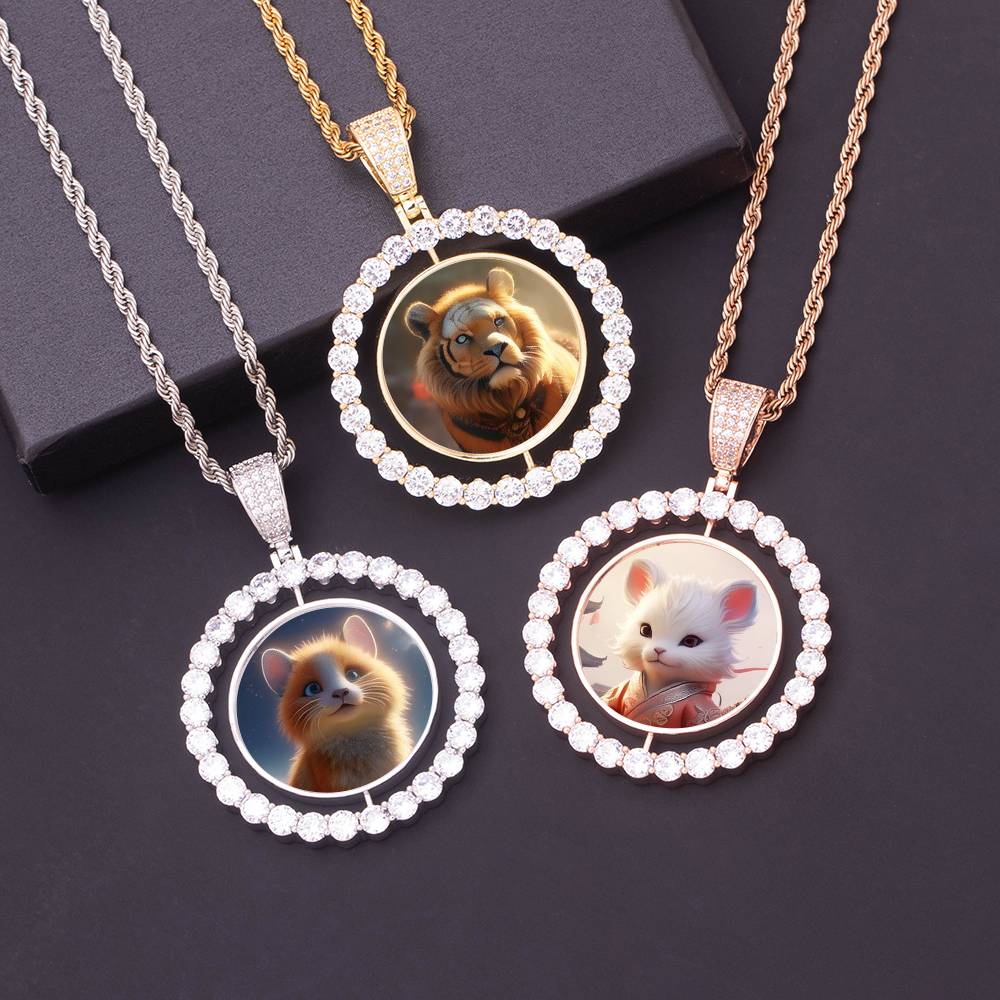 45mm DIY Custom Iced Out 360° Rotatable CZ Round Photo Frame Pendants HipHop Double Sided Picture Locket Memory Necklace Jewelry