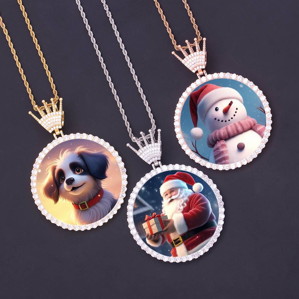 68MM HipHop Crown Hook XL Round Zircon Photo Frame Memory Pendant Iced Out Large Circle Charm Picture Necklace Christmas Jewelry