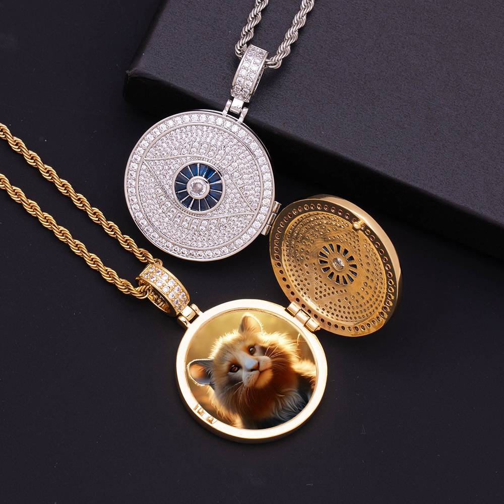 35mm Hip Hop Round Photo Locket Pendants Brass Cubic Zircon Iced Out Personality God Eye DIY Memorial Picture Frame Necklace Jewelry