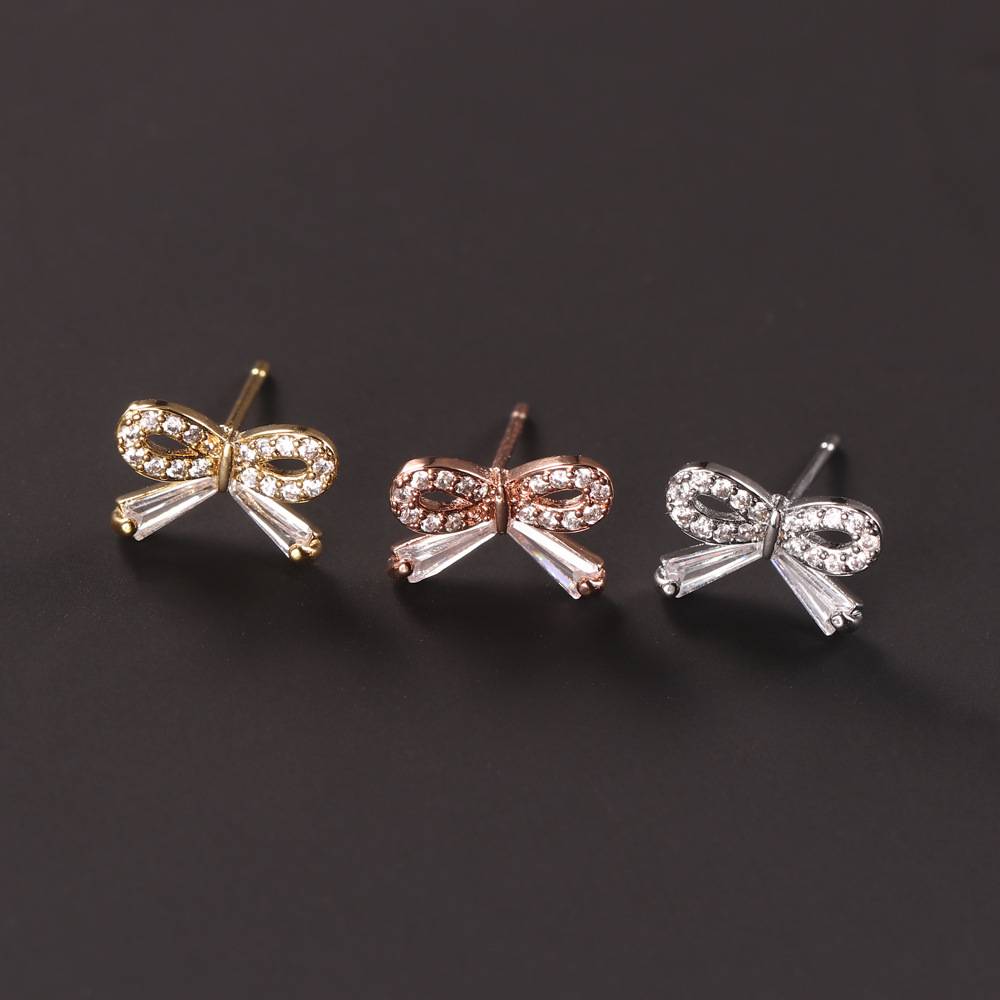 Fashion Brass Gold Plate Zircon Butterfly Design Earring Jewelry Ladies Cute Bow Stud Earrings Girls Trend Elegant Ear Jewellery