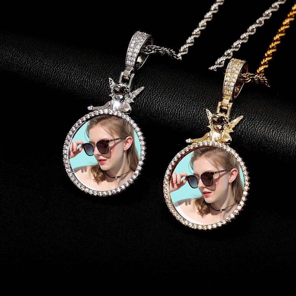 2022 New Personalized Custom Photo Pendant Necklace Iced Out Micro Pave CZ Round Pendant Angel Accessories Jewelry For Men Women