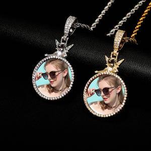 2022 New Personalized Custom Photo Pendant Necklace Iced Out Micro Pave CZ Round Pendant Angel Accessories Jewelry For Men Women