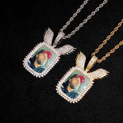New Hip Hop Rectangle Memory Picture Pendants Custom Diamond Square Medallions Iced Out Angel Wing Photo Pendant Women Necklaces