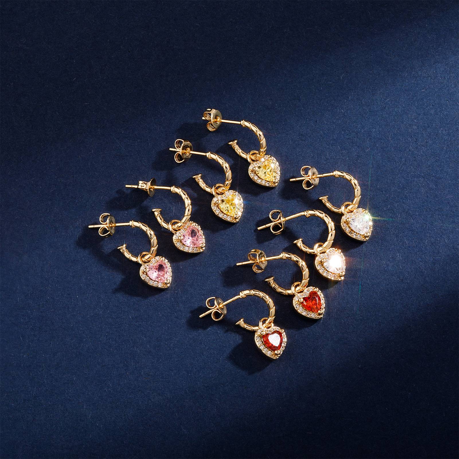INS跨境新款爱心彩色锆石耳钉欧美简约时尚女式宝石耳环