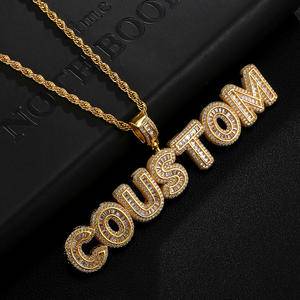 Custom Name women silver gold Iced Cubic Zirconia Baguette Initial Letters Pendant Necklace custom Words letters Charm necklaces