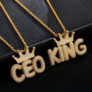Custom Name Crown Pendant Necklaces Small Custom Letters Gold Silver Rose Color Rope Chains Women men Bling CZ Hip Hop Jewelry