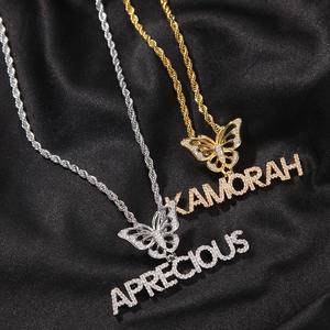 2022 Iced Out Custom Name Necklace Bling Small Initial Letter Pendant Customized Butterfly Hook Name Necklaces Women Men Jewelry