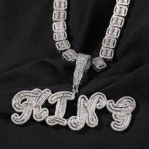 Personalized Iced Nameplate Pendant Bling Zircon Baguette Cursive Initials Custom Letter Name Necklace Women Men Hip Hop Jewelry