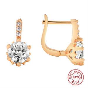 New 925 Sterling Silver Round Zircon Hoop Earrings For Women Bride Wedding Daily Crystal Gold Earring Charm Fine Fashion Jewelry