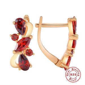 925 Sterling Silver Glossy Dangle Earrings 585 Rose Gold Geometry Red Zircon Earrings Women Daily Fashion Fine Jewelry Mom Gifts