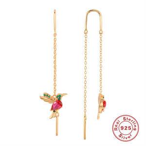 2022 S925 Sterling Silver Glossy Dangle Bird Earrings Rose Gold Pink Blue Zircon Long Chains Earrings Women Fashion Fine Jewelry