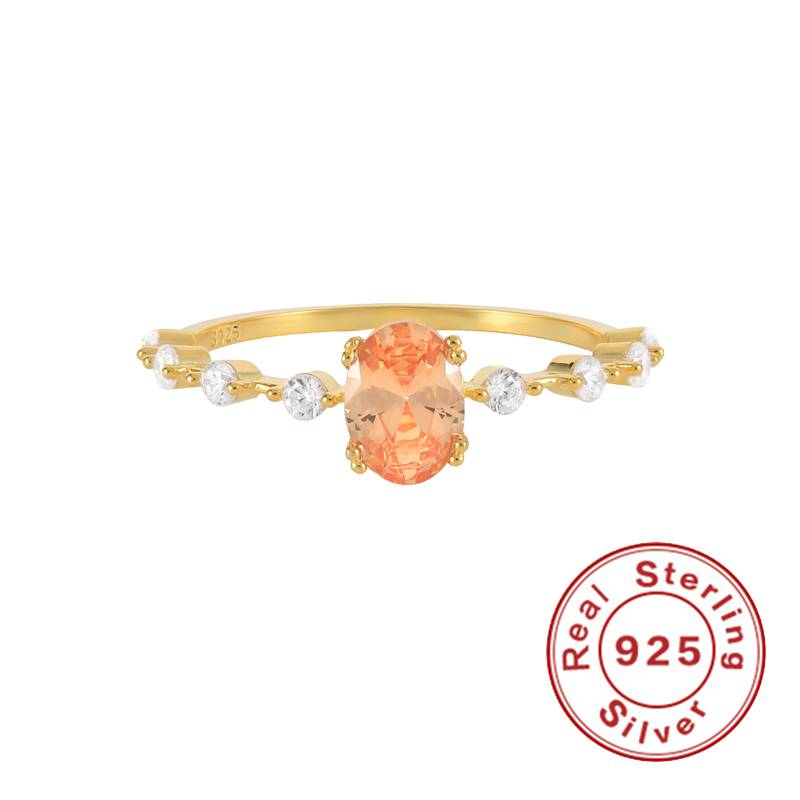 2022 925 纯银香槟椭圆形锆石戒指女士女孩结婚礼物极简主义薄圆形宝石戒指高级珠宝 