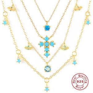 S925 Sterling Silver Collares Mujer Bohemian Ethnic Turquoise Cross Charms Necklace Women Girls Birthday Party Pendant Necklaces
