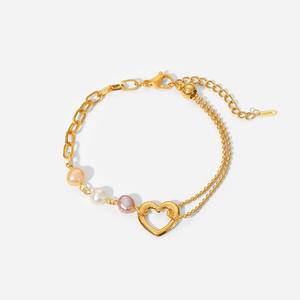Stainless Steel Bead Chain Heart Charm Pearl Bracelet for Women Waterproof Jewelry 18K Gold Plated Colorful Pearl Bracelets Gift