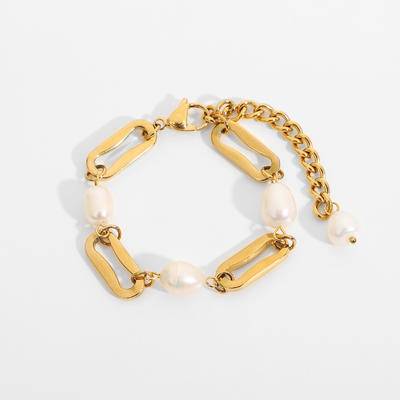New 18K Gold Plated Stainless Steel Baroque Freshwater Bracelets For Women Rectangular Chain Spacer Pearl Bracelet Party Jewelry