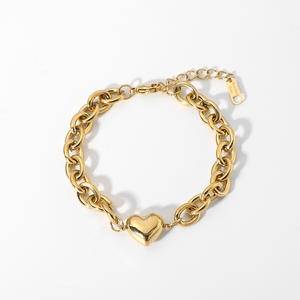 High Quality 14K Real Gold Plated Stainless Steel Love Heart Charm Chain Bracelet For Girls Women Punk Chunky Bracelets Jewelry