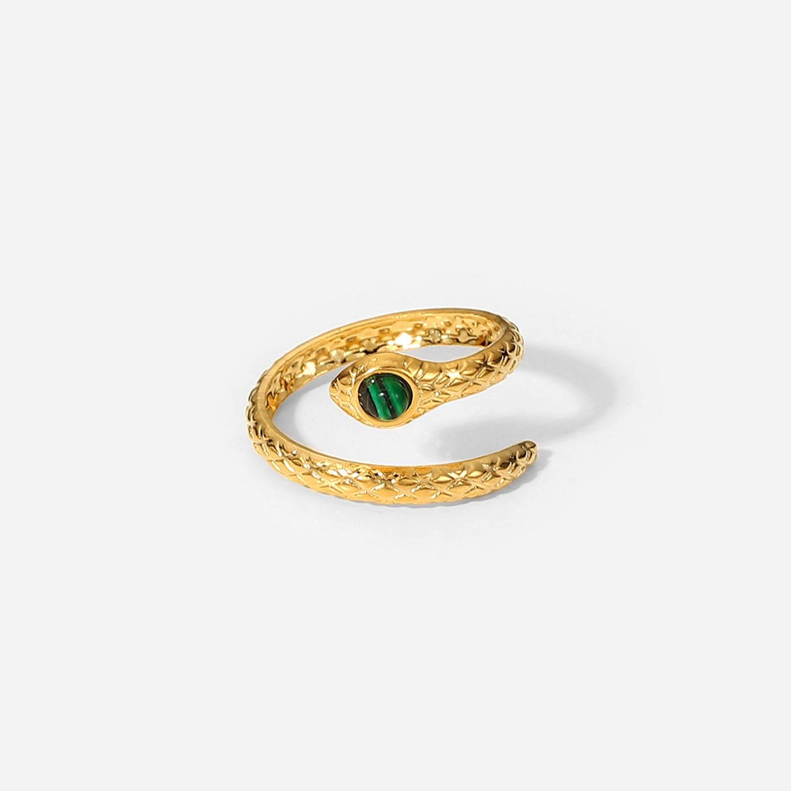 New Chunky Snake Stainless Steel Ring With Malachite Cobra Green Stone Waterproof 18k Gold PVD Adjustable Open Rings Women Party