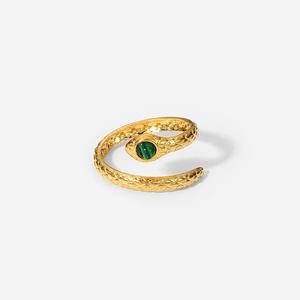 New Chunky Snake Stainless Steel Ring With Malachite Cobra Green Stone Waterproof 18k Gold PVD Adjustable Open Rings Women Party