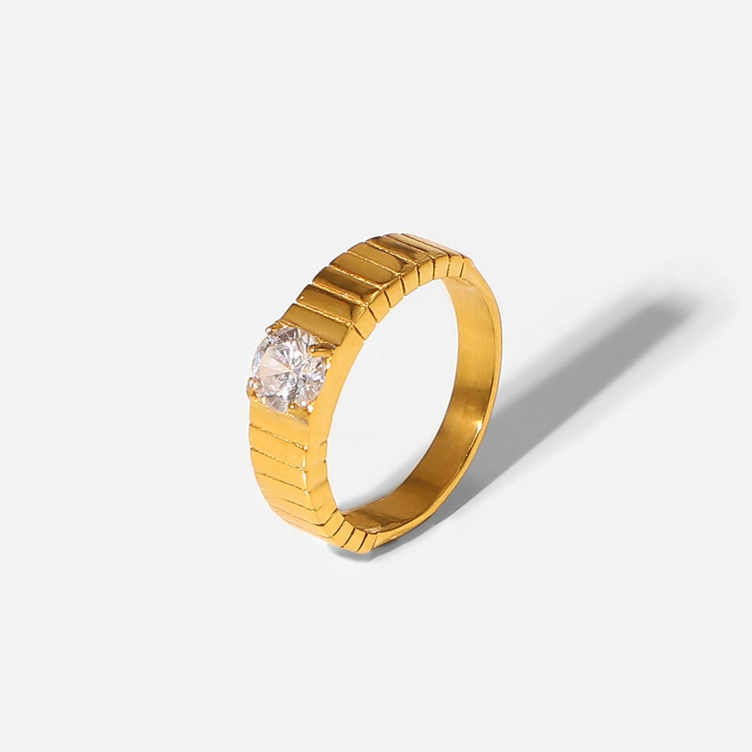 欧美INS网红同款钛钢戒指18K镀金不锈钢条纹单颗锆石戒指女式指环