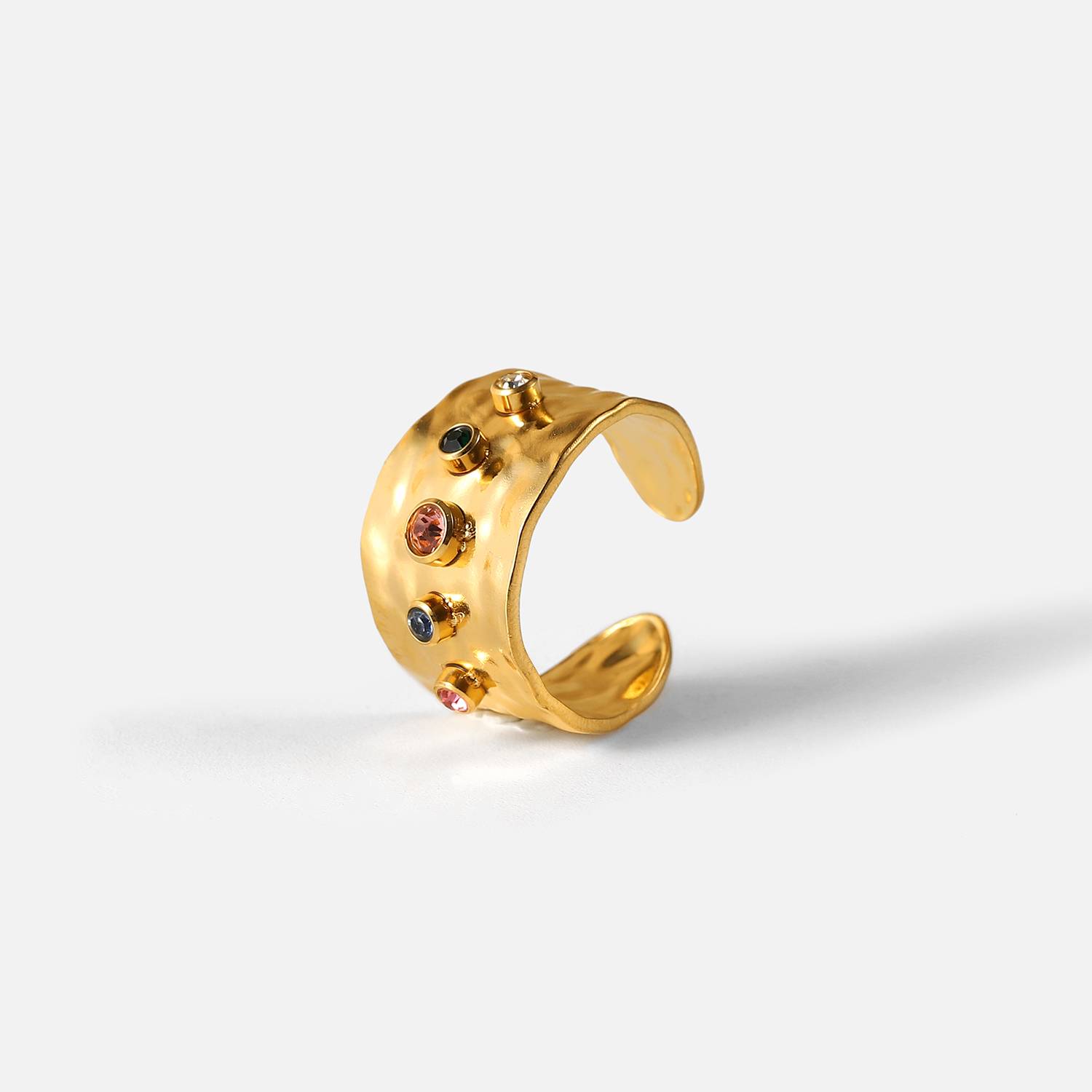 欧美INS网红同款彩色锆石水晶宽带珠宝女士不锈钢18K镀金个性戒指
