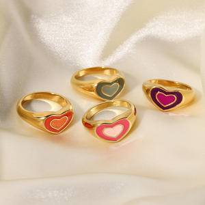 2022 Fashion Stainless Steel Colorful Double Layer Love Heart Rings For Women Girls Dripping Oil Waterproof Rings Jewelry Gifts