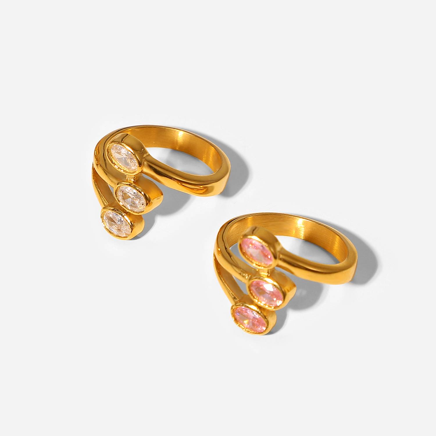 时尚18K PVD镀金螺旋锆石戒指首饰不锈钢叶形粉红色立方锆石指环