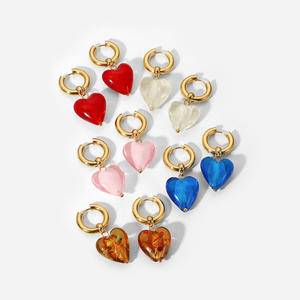 Fashion Sweet Stainless Steel Heart Earrings Women 14K Gold Plated Hoop Glass Colorful Blue Pink Red Crystal Heart Drop Earrings