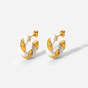 Fashion Chunky White Enamel Jewelry Stainless Steel CC Earring 18K Gold PVD Plating Oil Drop Twist Hoop Earrings For Girls Party