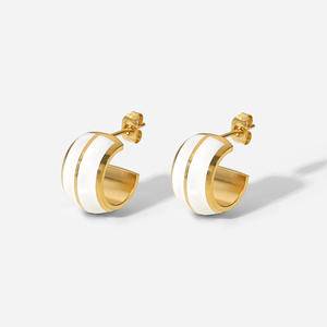 High Quality Classic 14K Gold Plated Stainless Steel Enamel Stud Earrings Double-layer White Oil Dripping Mini CC Shape Earrings