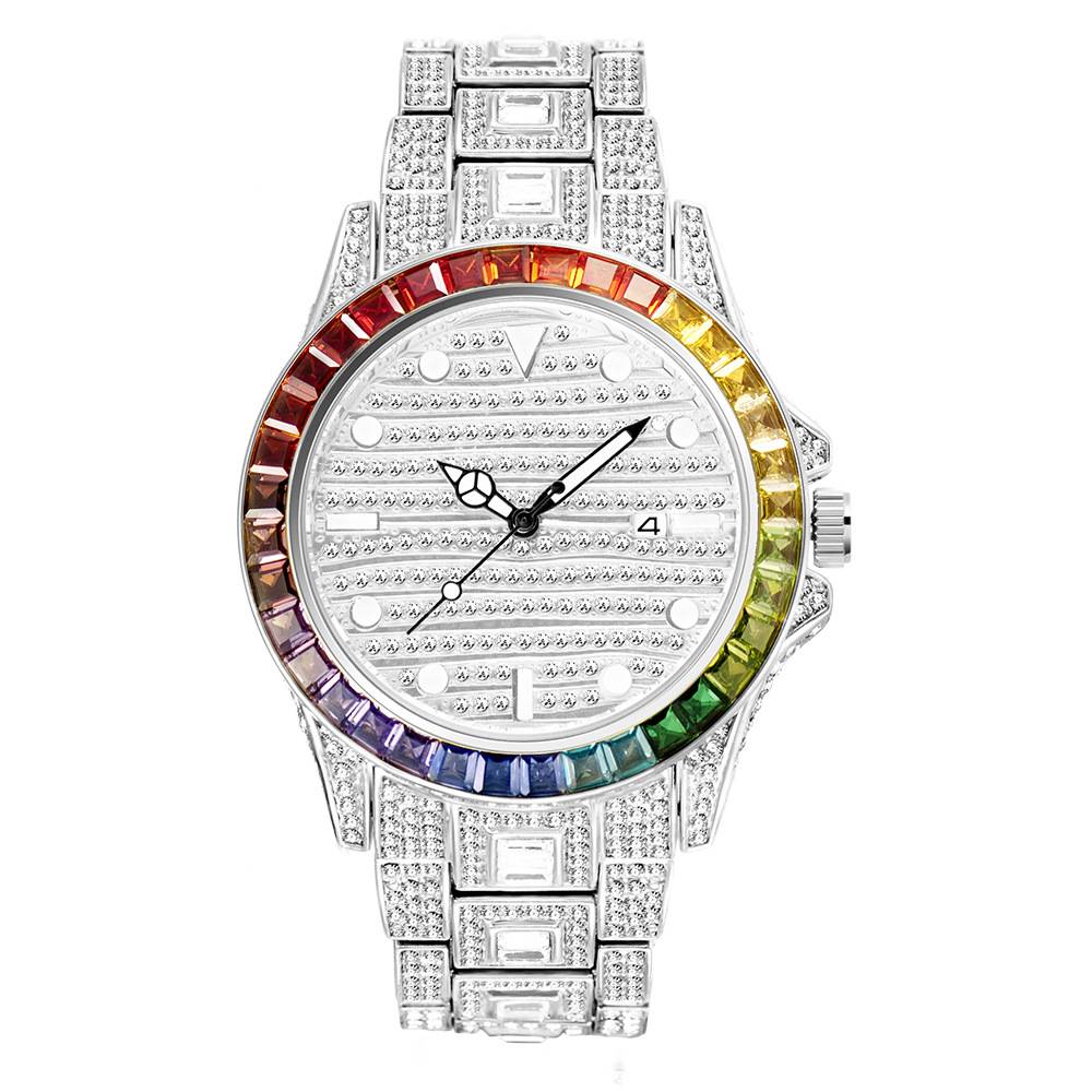 豪华男士手表不锈钢发光男手表全钻石表盘手表彩虹钟表