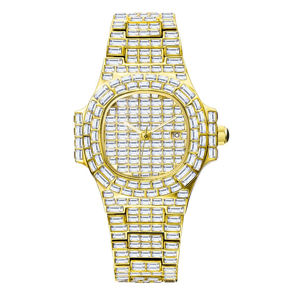 豪华品牌趋势钻石不锈钢男性石英钟圆形银历防水男士手表