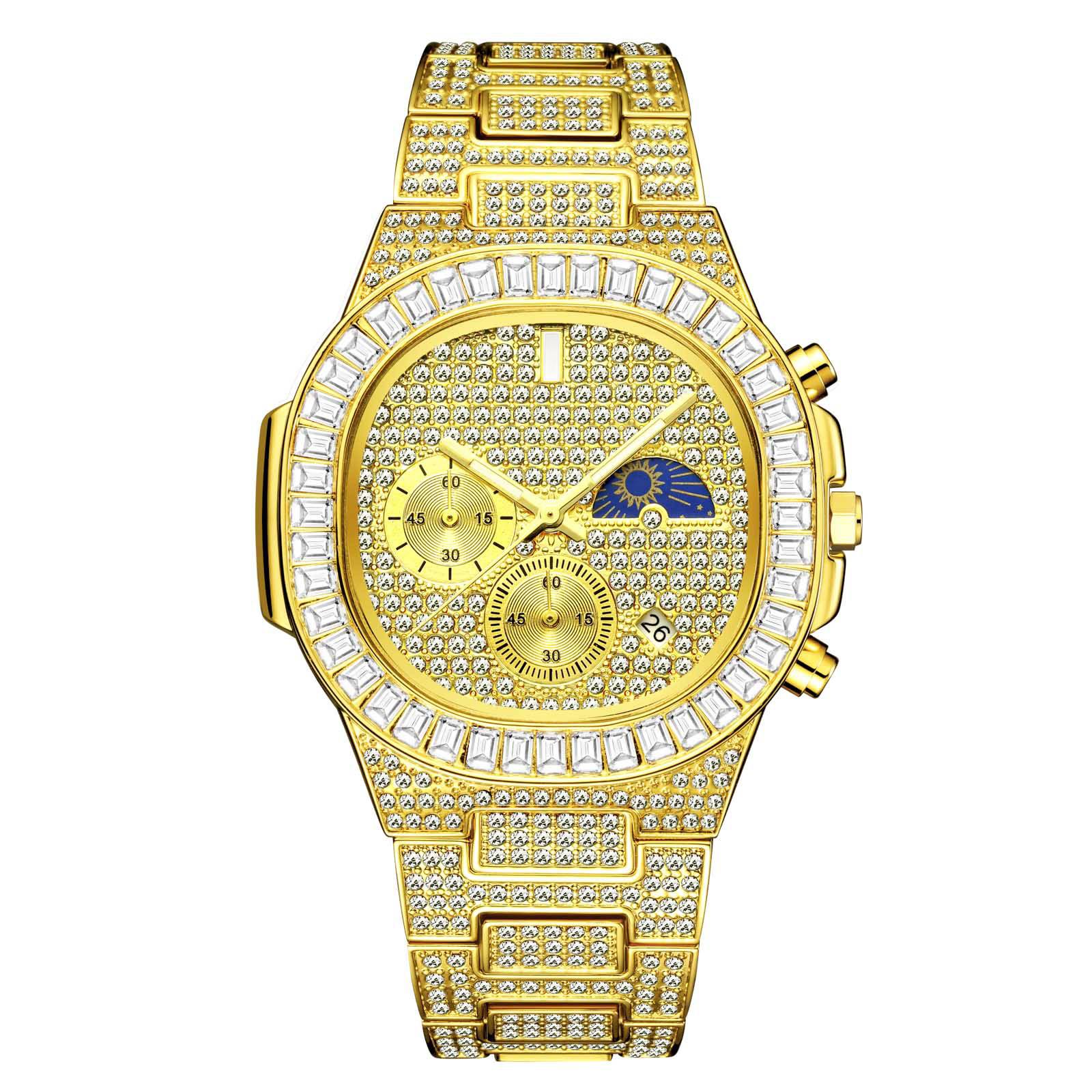 豪华男子石英手表自动日期计时量表高端顶级品牌防水钻石挡板月球阶段男士手表