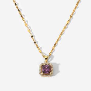 New Women Necklace Stainless Steel Purple Square Zircon Jewelry 18k Gold Plated Choker Micro CZ Collar Tarnish Free Dropshipping