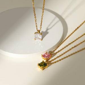 Wholesale Vintage French 18K Gold Plated Stainless Steel Jewelry Gift Cubic Zirconia Colorful Zircon Pendant Necklaces For Women