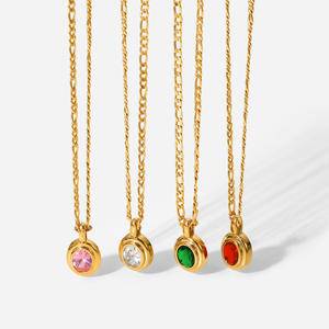 Flat Figaro Chains Stainless Steel Necklace Cubic Zirconia 18K Gold PVD Plating Jewelry Oval Colorful CZ Stone Pendant Necklaces