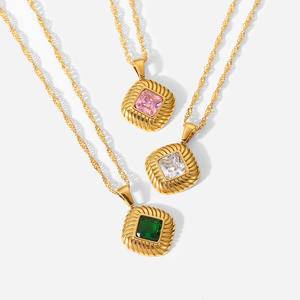 Nordic Stainless Steel Necklace Zircon Jewelry Gold Plated Square Ribbed Button Colorful Cubic Zirconia Pendant Necklaces Women