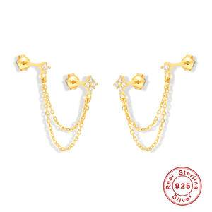 925 Sterling Silver Four Zirconia Flower Stud Earrings For Women Double Studs Chain Tassel Piercing 18K Gold Plated Ears Jewelry
