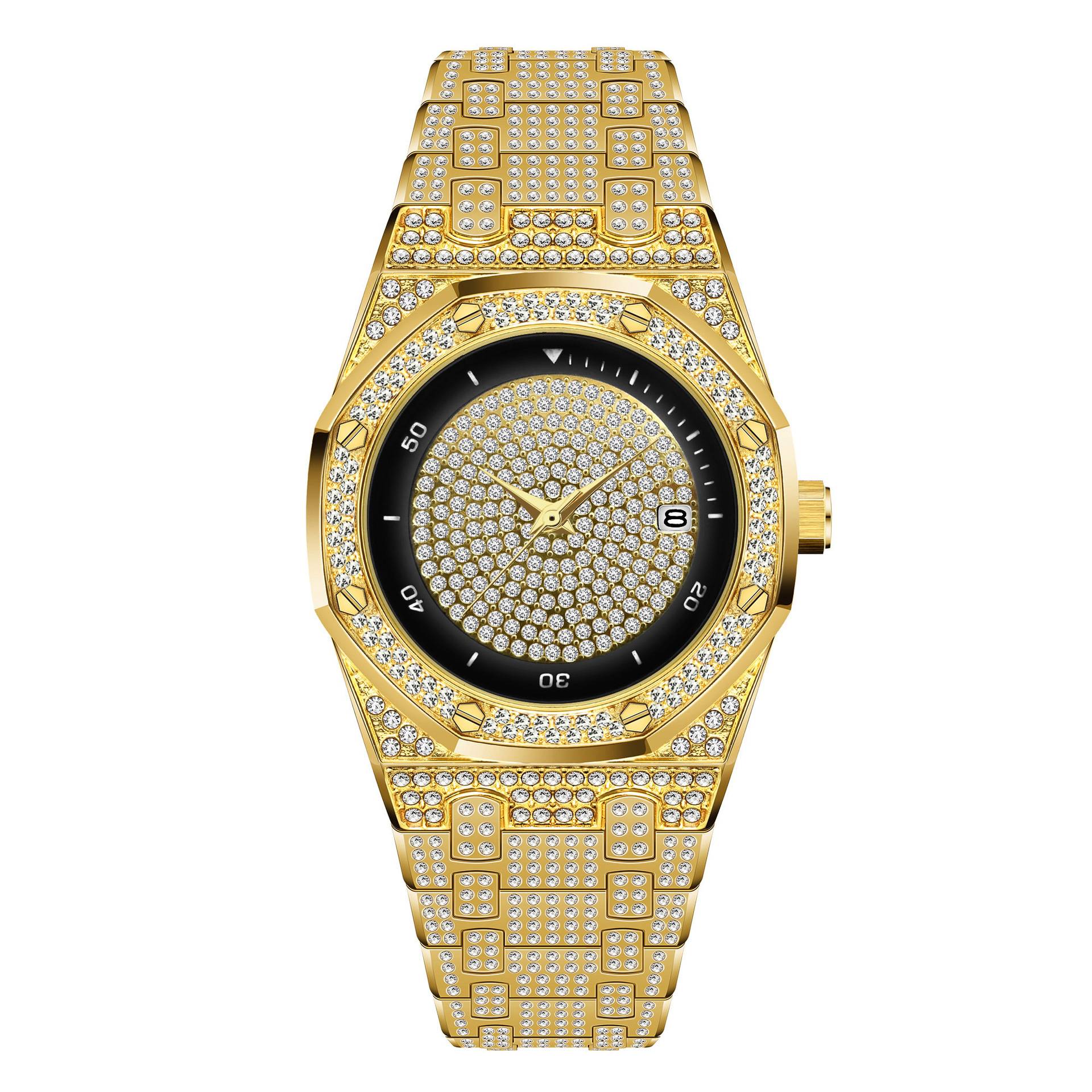 新时尚奢侈品男子独特的经典冰出钻石真正的计时码表设计师手腕不锈钢手表
