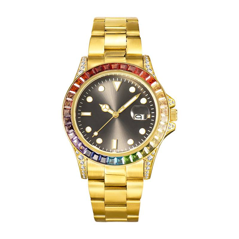 金色不锈钢防水男士石英手表手表嘻哈豪华圆形精美的钻石男子手表