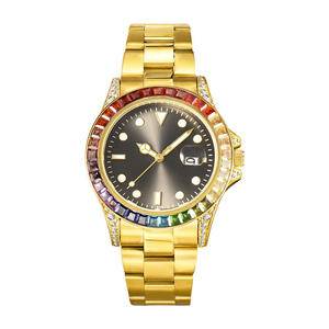   Gold Stainless Steel Waterproof Mens Quartz Wrist Watch Hip Hop Luxury Round Exquisite Diamond Male Watch