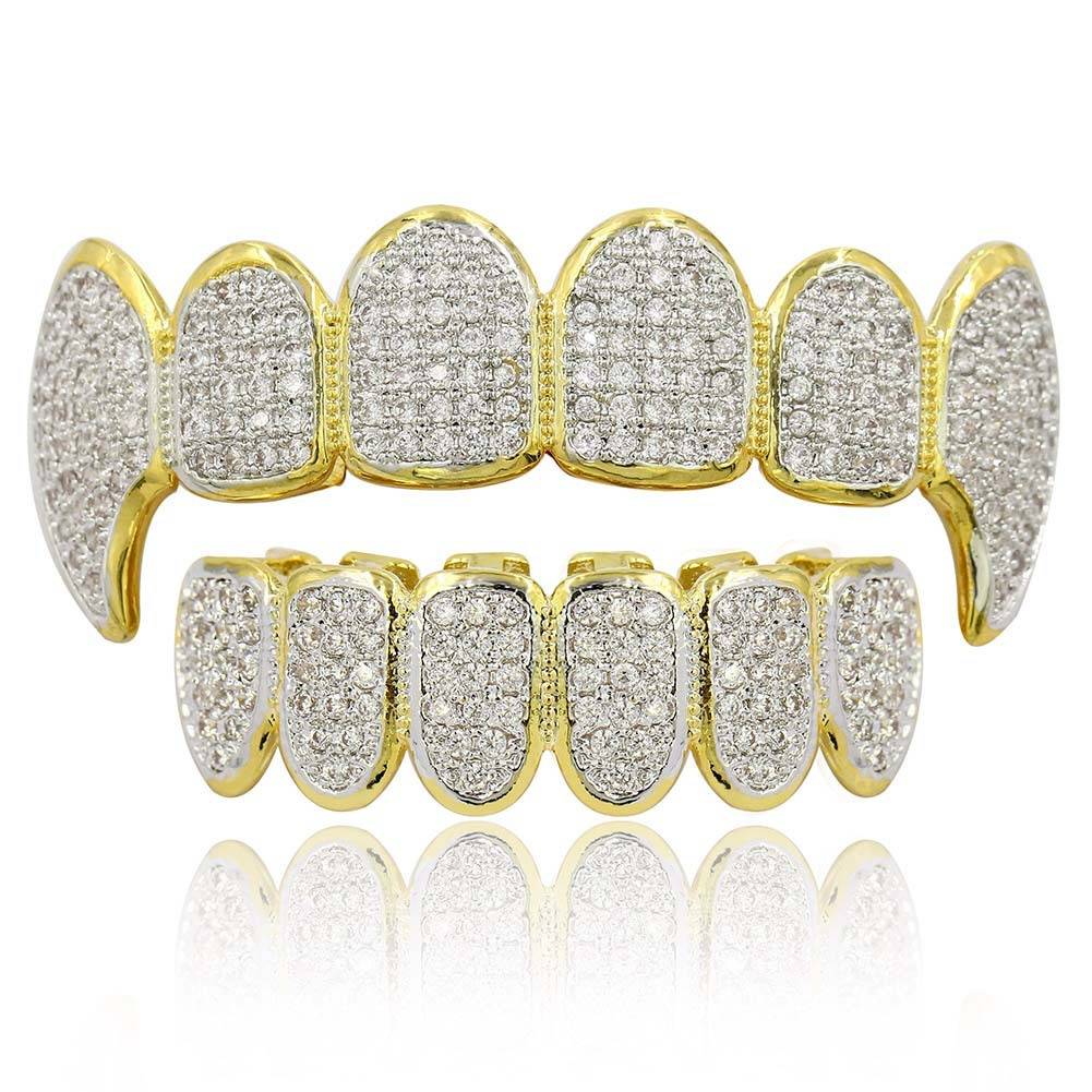 Gold Iced Out Cubic Zirconia Grillz Brace Punk Hip Hop Up Bottom Dental Mouth Fang Grills Vampire Tooth Cap Cosplay Rap Jewelry