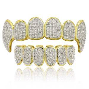 Gold Iced Out Cubic Zirconia Grillz Brace Punk Hip Hop Up Bottom Dental Mouth Fang Grills Vampire Tooth Cap Cosplay Rap Jewelry
